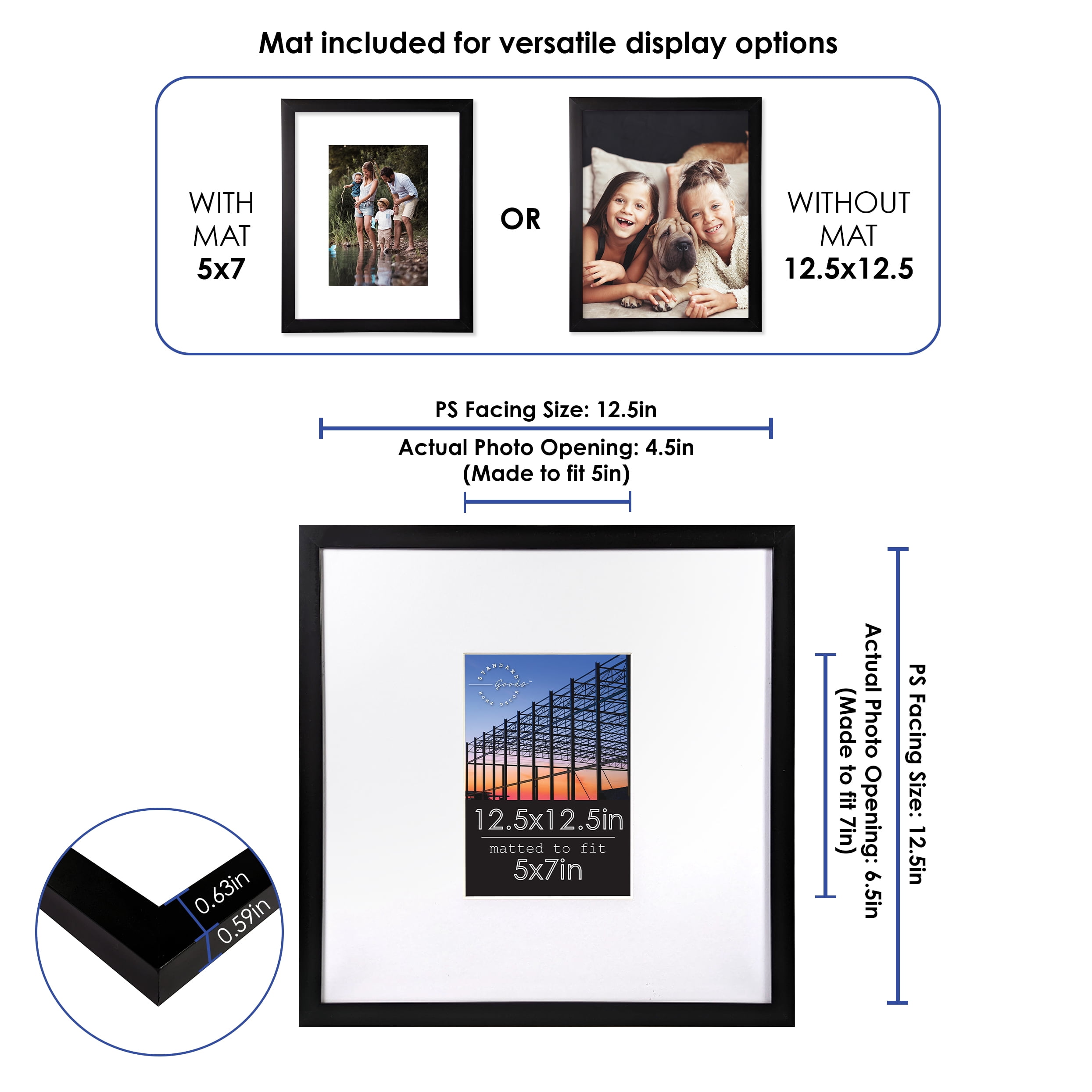 Standard Goods Home Décor 12.5x12.5 Matted to 5x7 Black Linear Picture Frame, 5-Pack for Wall Display.