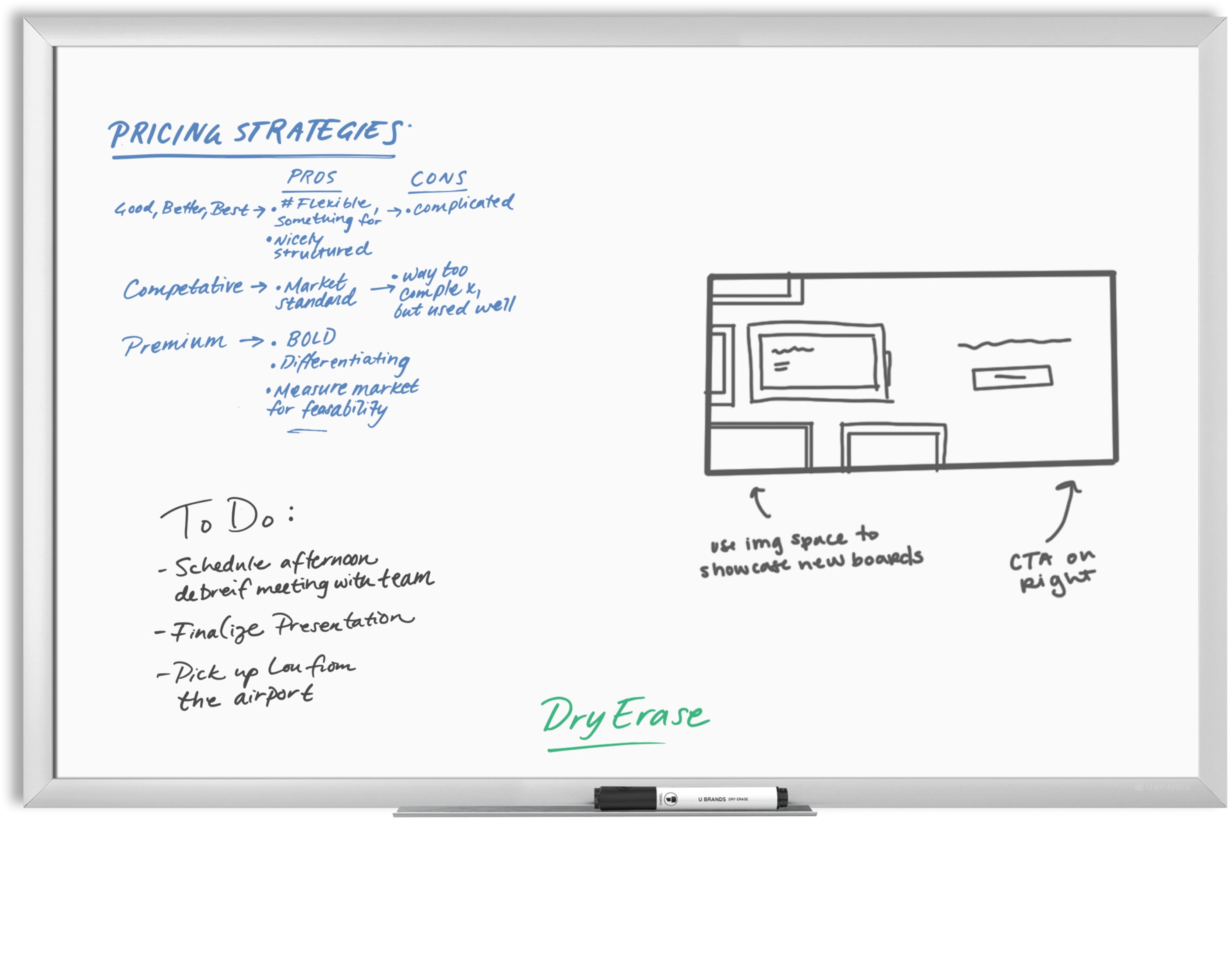 U Brands Melamine Non-Magnetic Dry-Erase Board, 36 X 24 Inches, Silver Aluminum Frame (031U00-01)