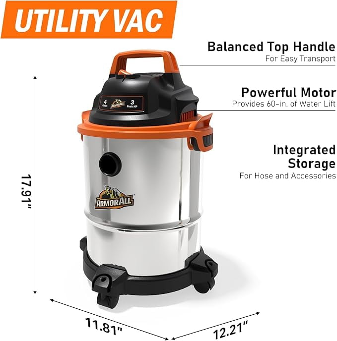 Armor All VO408S 0901 4 Gallon, 3 PHP, Wet/Dry Vacuum Cleaner, Orange with Accessories Included