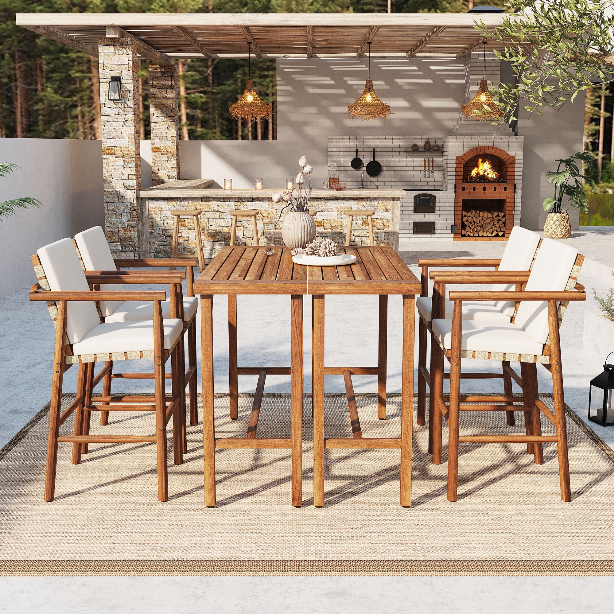 Alvantor 6 Piece Outdoor Bar Set, Wood 2 Bar Height Table & 4 Stools with Cushions, Dining Bar Set for Backyard, Poolside, Balcony Nature