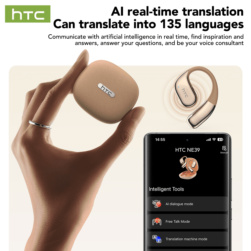 HTC NE39 Wireless Bluetooth 6.0 Open-Ear Earbuds, AI Translator, Noise-Cancelling Headphones, 130+ Languages, 40H Playtime, IPX5 Waterproof, Beige + Gold+Earbud Case
