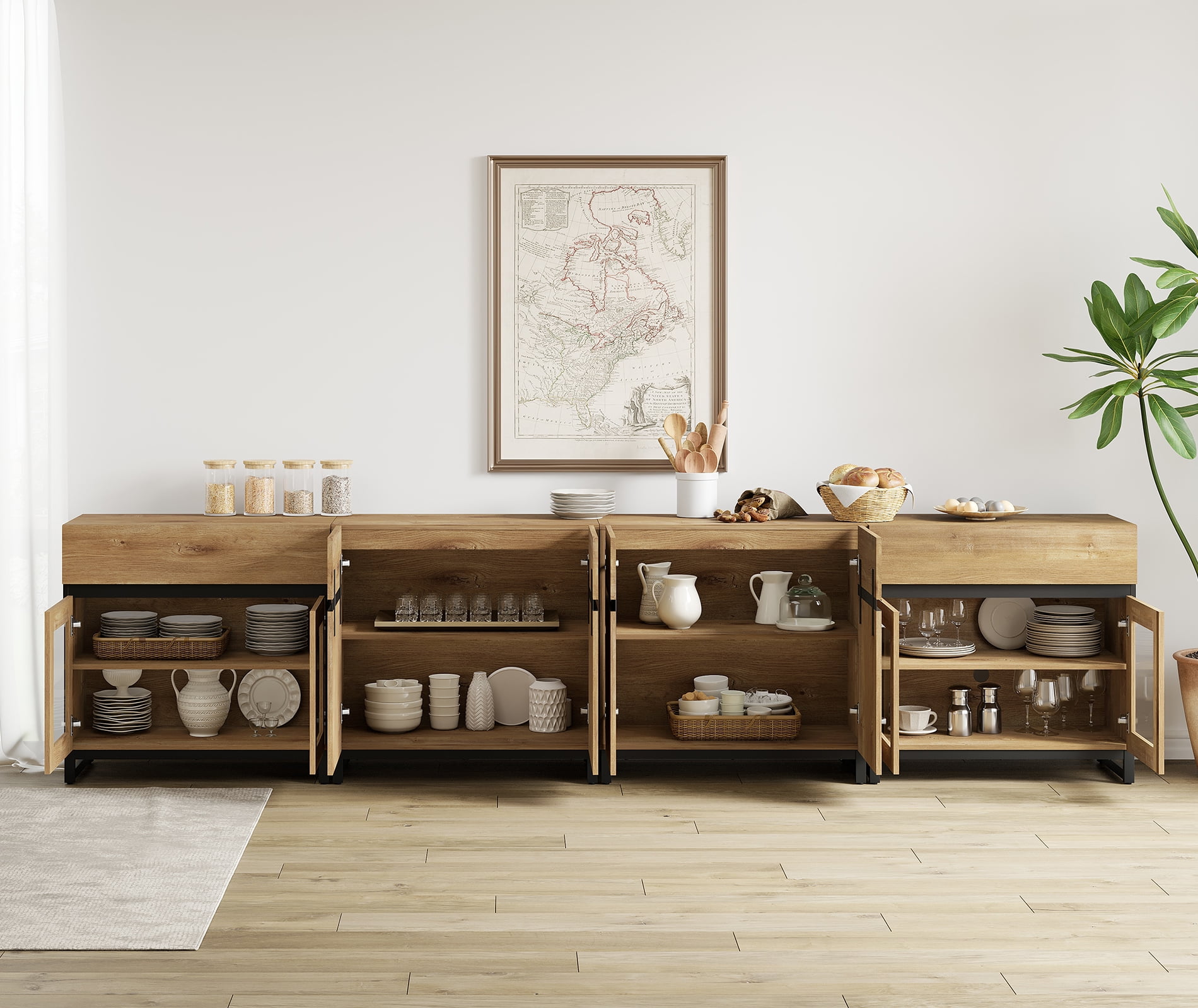 4 In 1 Sideboard Buffet Cabinets With Glass Doors And 2 Drawers, Modern Sideboard Credenza With Adjustable Shelf And Metal Base, Coffee Bar Cabinet Storage Cabinet,Oak