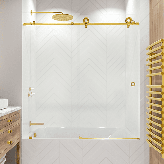 Seawin Crystal 56 - 60 x 62 inches Frameless Sliding Bathtub Door 3/8 in. (10 mm) Clear Tempered Glass with NanoShield Coating Satin Gold
