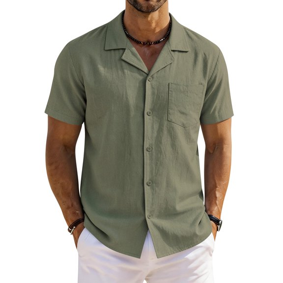 Domzest Men's Short Sleeve Button Down Shirt Casual Textured Cuban Collar Shirts with Chest Pocket Army Green L