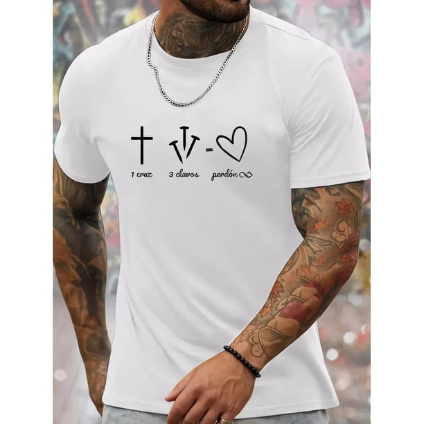 Cross, Nails, Heart Element Print Slim Fit Short-sleeve, Simple T-shirt For Summer, Men's Round Neck Short-sleeve T-shirt, Casual T-shirt, Casual Comfortable Top
