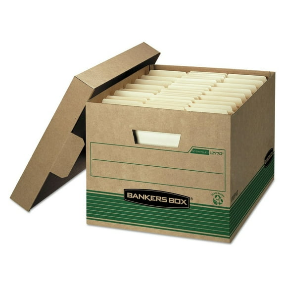 Bankers Box 12770 12.5 in. x 16.25 in. x 10.25 in. STOR/FILE Medium-Duty 100% Recycled Letter/Legal Storage Boxes - Kraft/Green (12/Carton)