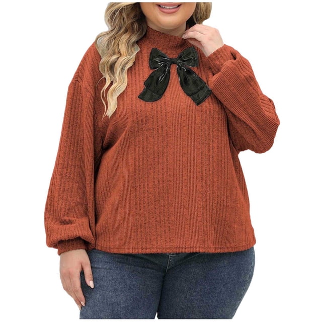 Ltctricy Women's Plus Size Tops Ribbed Knit Lantern Long Sleeve Mock Neck Fleece Warm Pullover Shirts Fall Winter Clothes(Coffee,3X-Large)