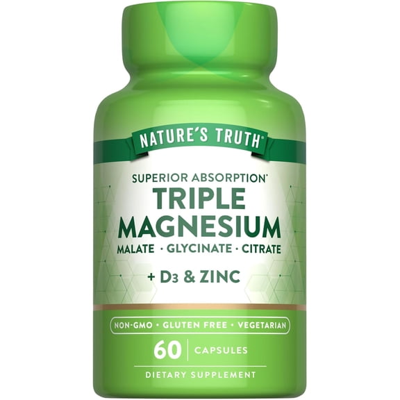 Triple Magnesium Complex Supplement | 60 Capsules | Glycinate, Citrate & Malate | with D3 & Zinc | by Nature's Truth
