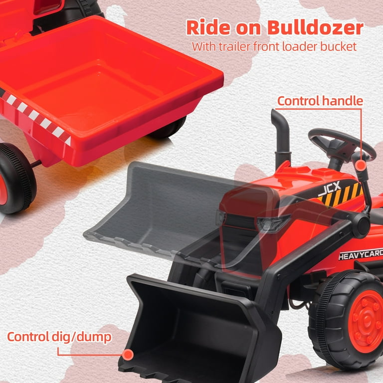 Kids Ride on Tractor with Trailer Toy Cars 12V Battery Powered Ride on Excavator Bulldozer with Remote Control Ride on Construction Truck w Music Digging Fun Headlights for 3 5 Boys Girls Red Walmart....