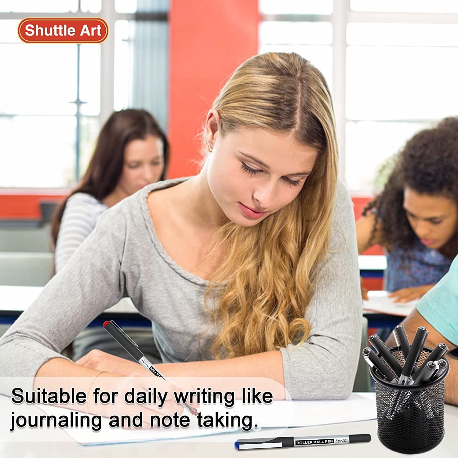RollerBall Pens, Shuttle Art 25 Pack(21 black 2 blue 2 red) Fine Point Roller Ball Pens, 0.5mm Liquid Ink Pens for Writing Journaling Taking Notes