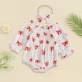 thumbnail image 2 of Ruyang Baby Girl Romper Ruffle Smocked Bubble Bodysuit Off Shoulder New Born Long Sleeve Flowers Printed Jumpsuit 2pcs, 2 of 3