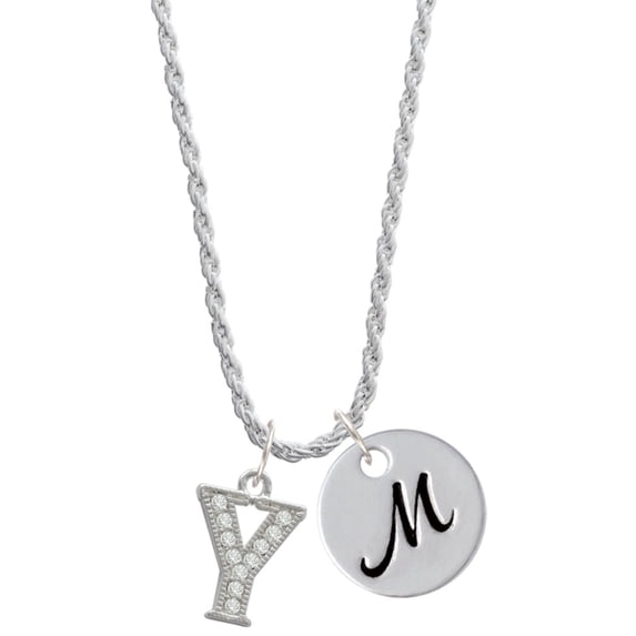 Delight Jewelry Silvertone Crystal Initial - Y - Silvertone Script Initial Disc - M - Charm Necklace, 20"+3"