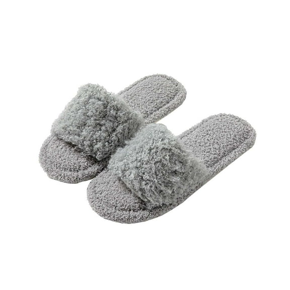 Xfvqtps Fuzzy Slippers for Womens Open Toe Curly Plush Solid Color Simplicity Fashion Non Slip Indoor Outdoor Warm Winter Cozy Fluffy Slippers Dark Gray