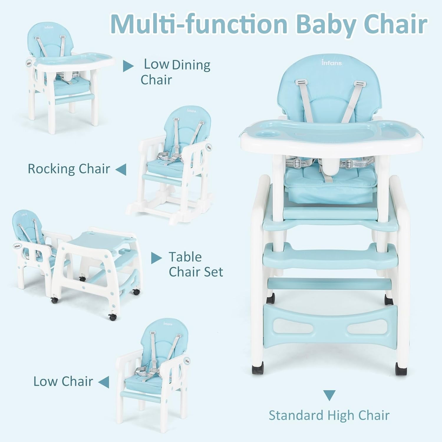 INFANS 5 in 1 Baby High Chair, Convertible Toddler Table with Rocking Chair, Adjustable Back, Removable Tray, Sponge