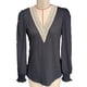 thumbnail image 1 of Camisa informal de manga larga abombada con encaje y cuello en V para mujer, Top elegante con bloques de color holgados y huecos, color negro XL, 1 of 3