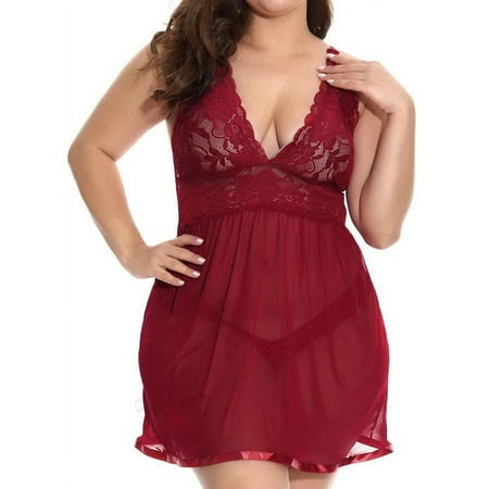 Yolossia Plus Size Womens Sexy Sleeveless V Neck Chemise Pajamas Lace Lingerie Nightdress