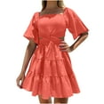 thumbnail image 2 of Robe d'Été pour Femmes Col Carré Manches Courtes Découpe Boho Élasticité Volants Superposés Robe Trapèze Mini, 2 of 7