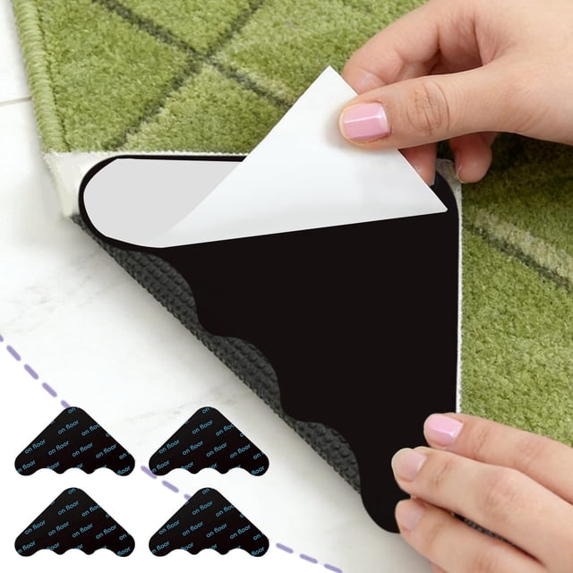 HaoXun 4 Pcs Carpet Gripper Pads Non-Slip Rug Tape - Reusable Double-Sided Carpet Holders to Prevent Sliding Curling for Area Rugs on Hardwood Tile Flooring, 3.94x3.94 Inch Black P-U Mat