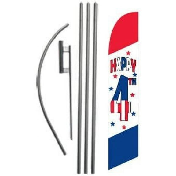Happy 4th of July Advertising Feather Banner Swooper Flag Sign with Flag Pole Kit and Ground Stake