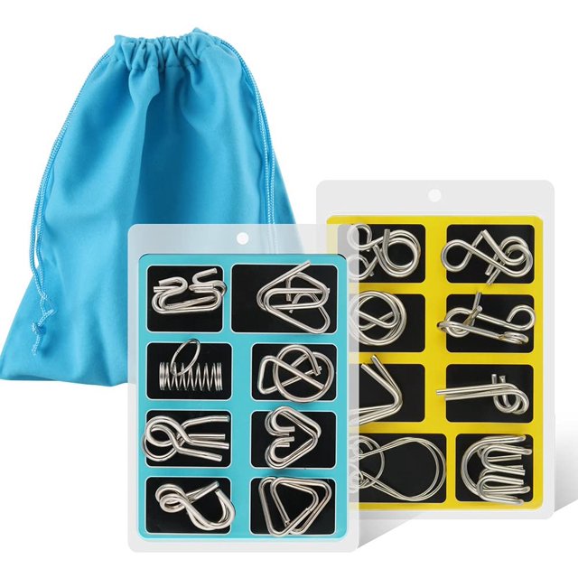 Metal Wire Puzzle Set of 16 with Pouch,Brain Teaser IQ Test Disentanglemen Iron Link Unlock Puzzles Game Magic Trick Toy Gift for Kids and Adults Challenge