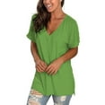 thumbnail image 3 of Women's V Neck T Shirts Casual Rolled Short Sleeve Side Split Summer Tops Loose Fit, 3 of 5