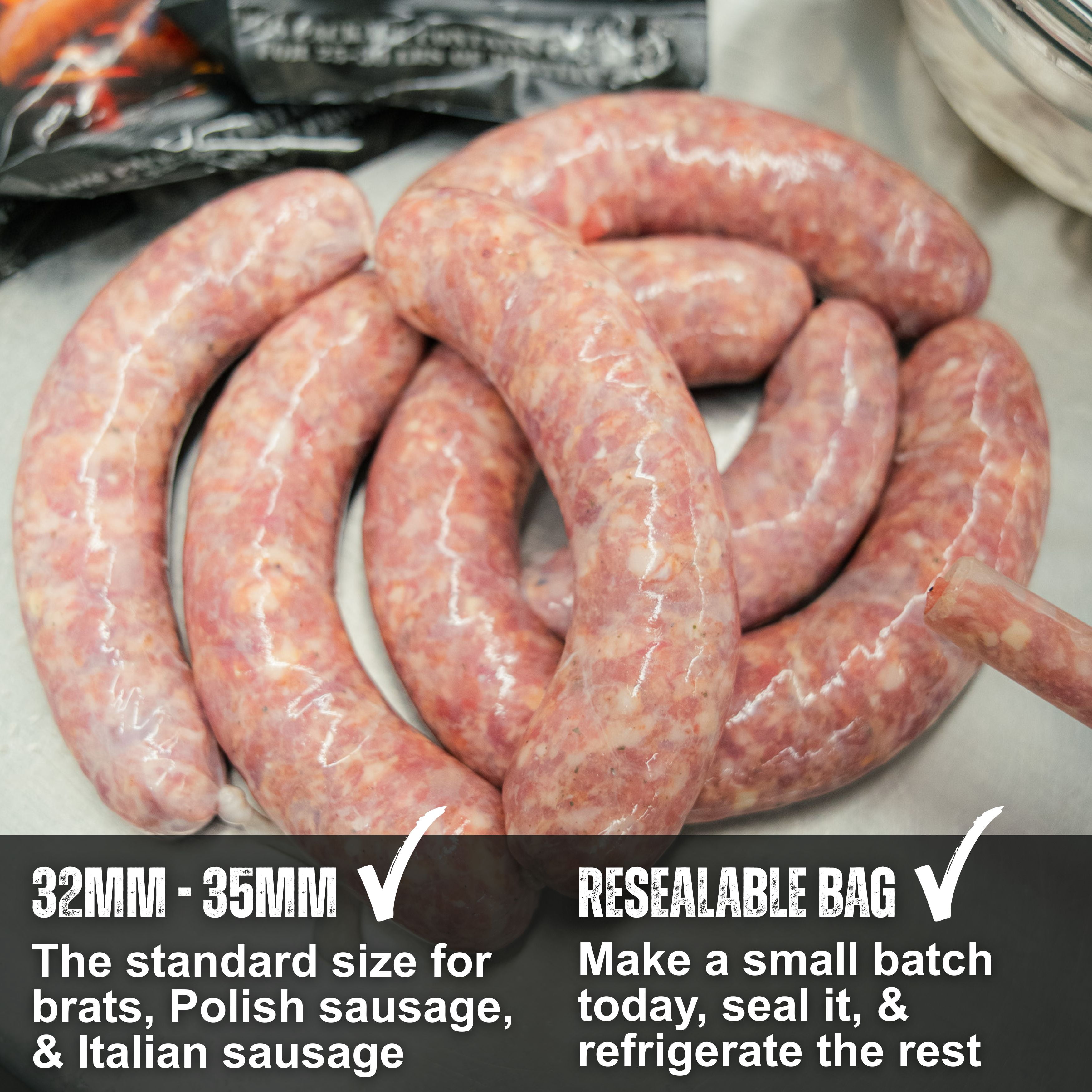 The Bearded Butchers Natural Hog Casings 32-35mm, Edible Sausage Casing for 25-30 lb Meat, Pre-Flushed, Resealable Bag
