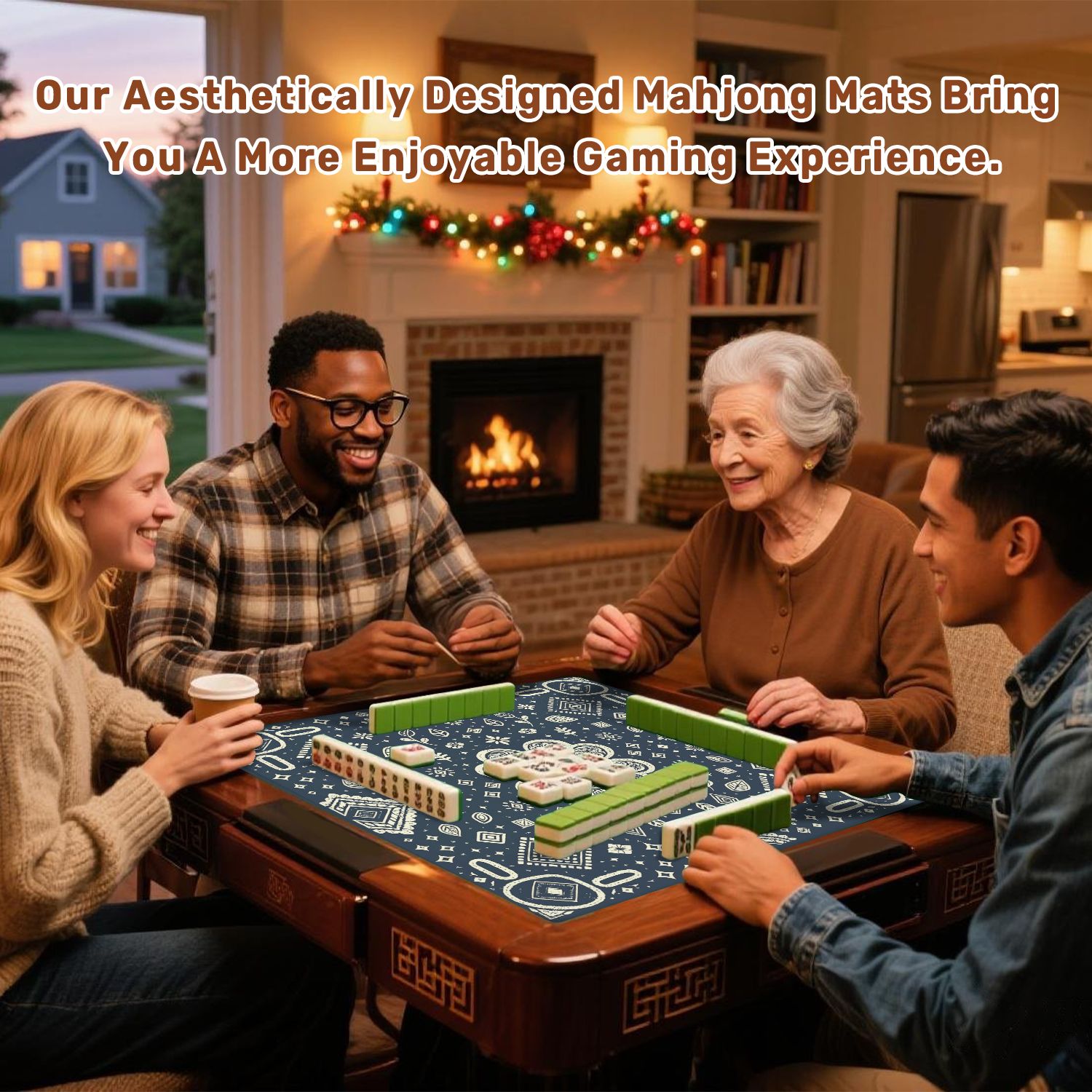 Mahjong Mat 31.5" x 31.5" Floral Geometric Ornate Swirls Leaves Dark Blue Anti-Slip and Noise Reduction Symmetry Design Mahjong Tiles Table Cover for Dominoes Poker Card Board and Tile Games