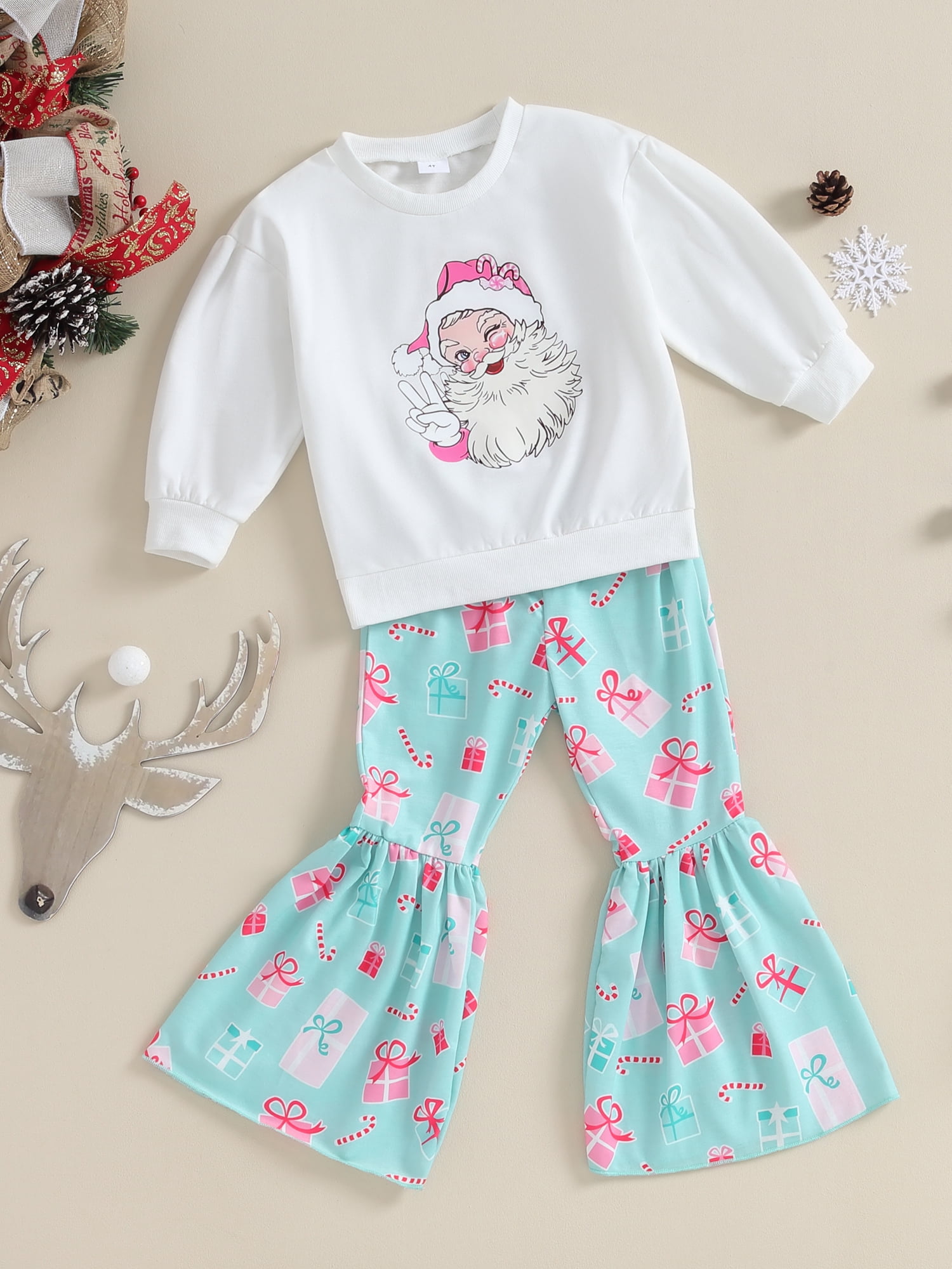Suealasg 2PCS Kids Girl Christmas Outfits Clothes 4T 5T 6T 7T Child Long Sleeve Santa Claus Print Sweatshirt+Gift Box Print Pants Sets Little Girls Christmas-themed Clothing