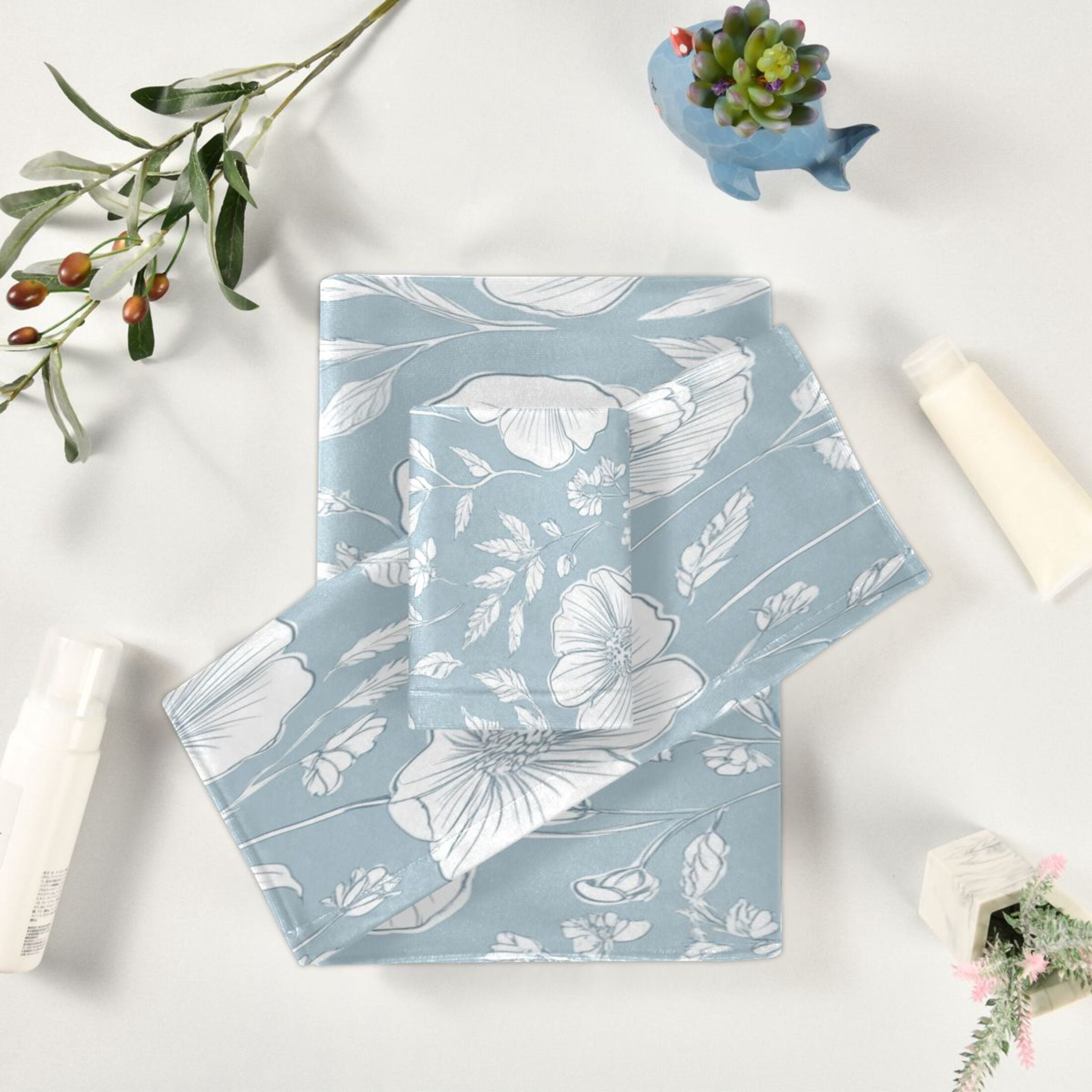 Three-Piece Towel Set Face Towel Towel Set Hand Towel Bath Towel Cotton Bath Towels Bath Towel Sets Hand Bath Towels Blue Cartoon White Flowers