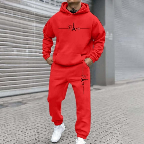 Domzest Sweatsuits for Men 2 Piece Tracksuits Joggers Drawstring letter Print Fleece Hoodie Winter Long Sleeve Outfits Round Neck Sweatsuits Athletic Sweatpants Suits Sets Red 3XL-Large