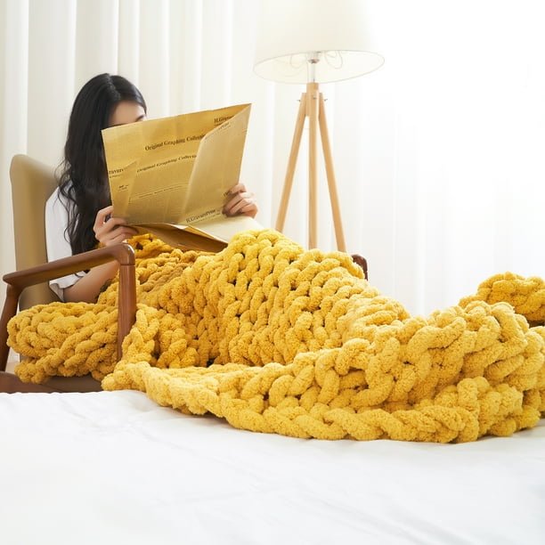 MODENNA Chunky Knit Blanket Throws Chenille Yarn Hand Knit Throw Blanket Chunky Braided Blanket Yellow 50 x60 Walmart