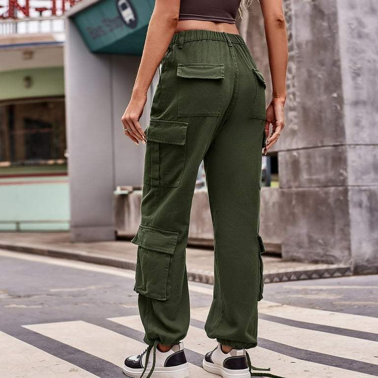 Daznico Women Solid Cargo Pants Drawstring Elastic High Waist Ruched Baggy  Cargo Pants Multiple Pockets Jogger Pant Pants for Women Green XXL