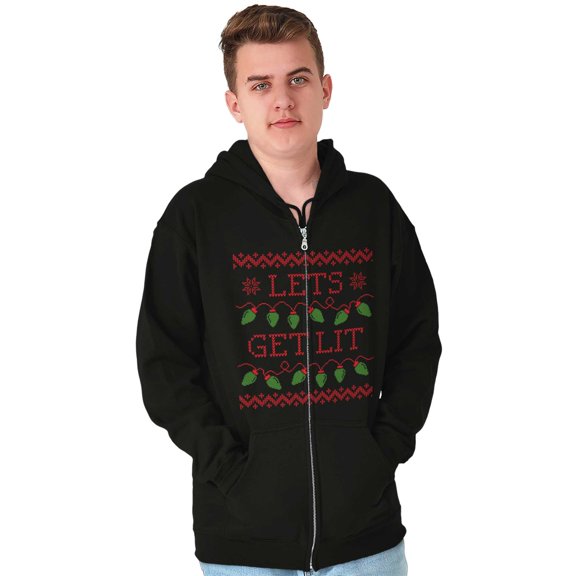 Ugly Christmas Lights Lets Get Lit Zip Up Hoodie Men's Women's Brisco Brands S
