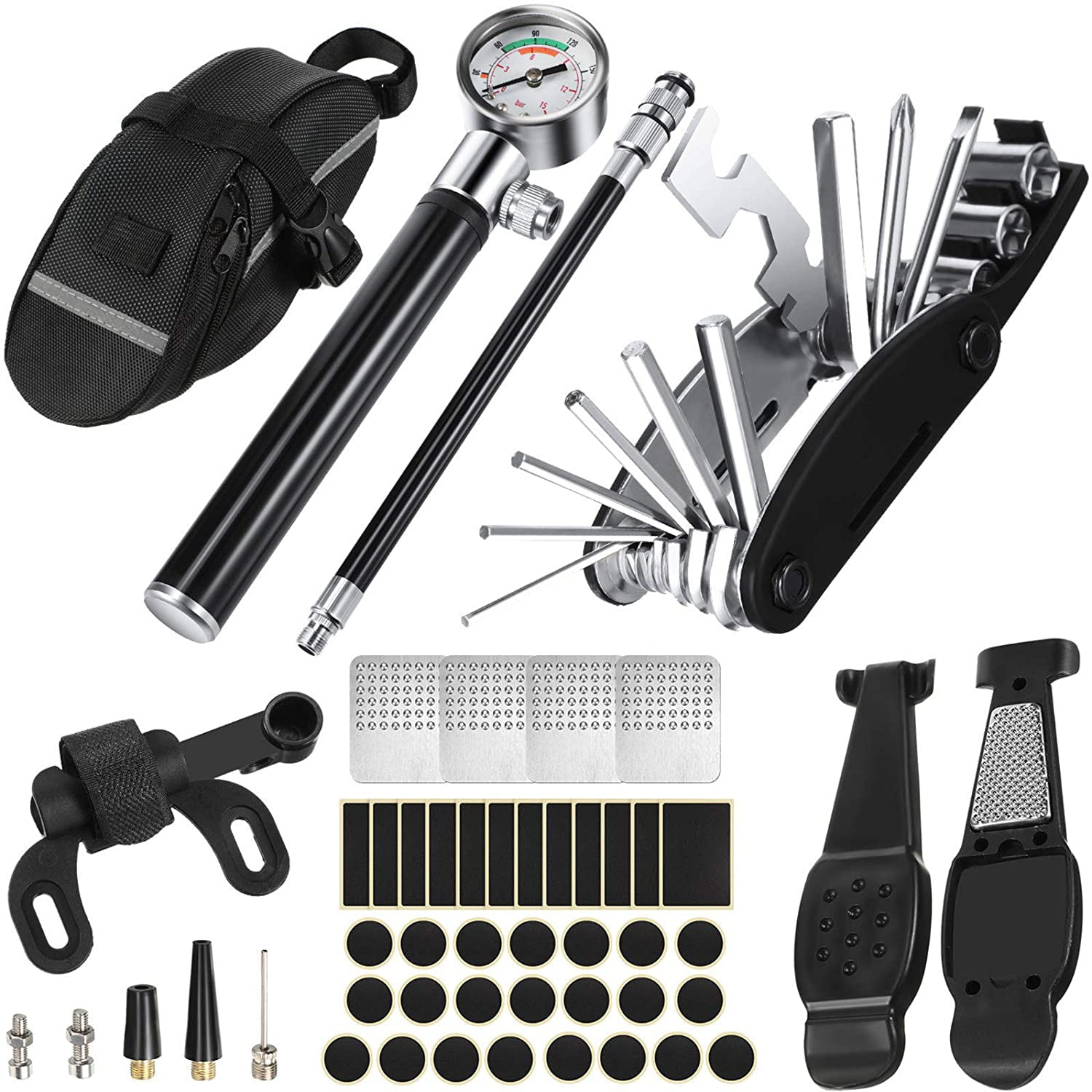 Bicycle Tool Kit w/ Pump Bag Tire Repair Kit Patches 16IN1 Multi-Tool Tyre Lever 