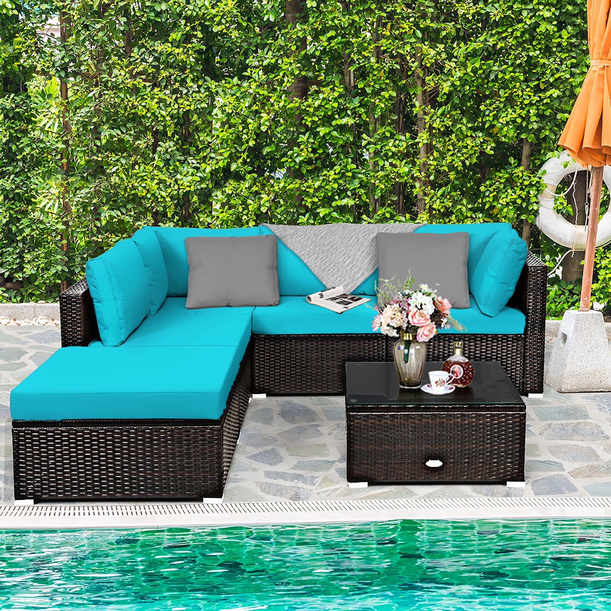 6PCS Outdoor Patio Rattan Furniture Set Cushioned Sectional Sofa Turquoise