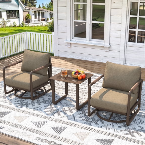 JXXM 3-Piece Aluminum Patio Set with Swivel Rocking Chairs and Coffee Table, 6.7" Cushions, All-Weather Outdoor Furniture for Garden, Deck, or Poolside-Brown