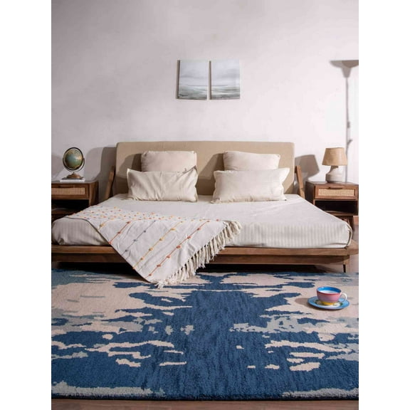 HAND KNOTTED WOOL ABSTRACT MODERN AREA RUGS - 8'x10', Rectangle Shape, Blue Beige Color, Classic Traditional Design, Low Pile Handmade Area Rugs for Living Room, Bed Room (N00806)