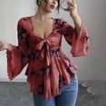 thumbnail image 2 of Tmtolofot Chiffon Tops for Women Front Bow Tie Tunic Tops Ruffle Hem Long Sleeve Shirts V Neck Floral Print Peplum Blouses Fashion Trendy Sexy Outfits 2026 Vacation Elegant Tee Top|Red|M, 2 of 5