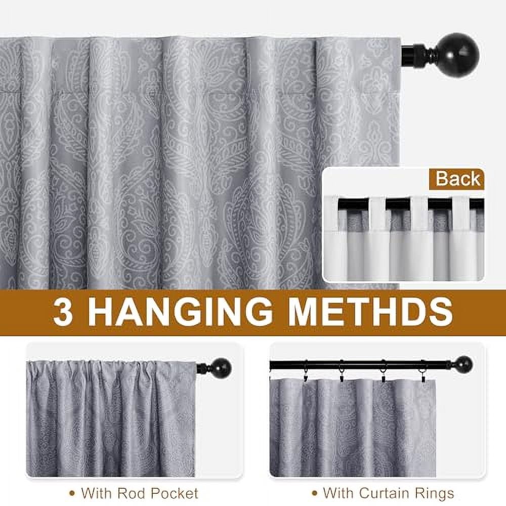 Hiasan Grey Ombre Room Darkening Curtains for Bedroom - Back Tab Damask Design Thermal Insulted Tieable Window Drapes Light Blocking Curtains for Living Room, Hotel, 2 Panels, W52 x L102, Gray