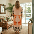 thumbnail image 4 of Oussum Kaftan for Women Plus Size Ornamental Print Peach Maxi Dress, Polyester V-Neck Kimono 3/4 Sleeve Relaxed Fit Dress, One Size 1X–3X, 4 of 5