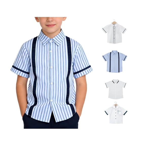 WAVSUF Kids Boys Collar Shirts Adjustable Button Striped Print Short Sleeve Breathable School Uniform Shirts Blue 8