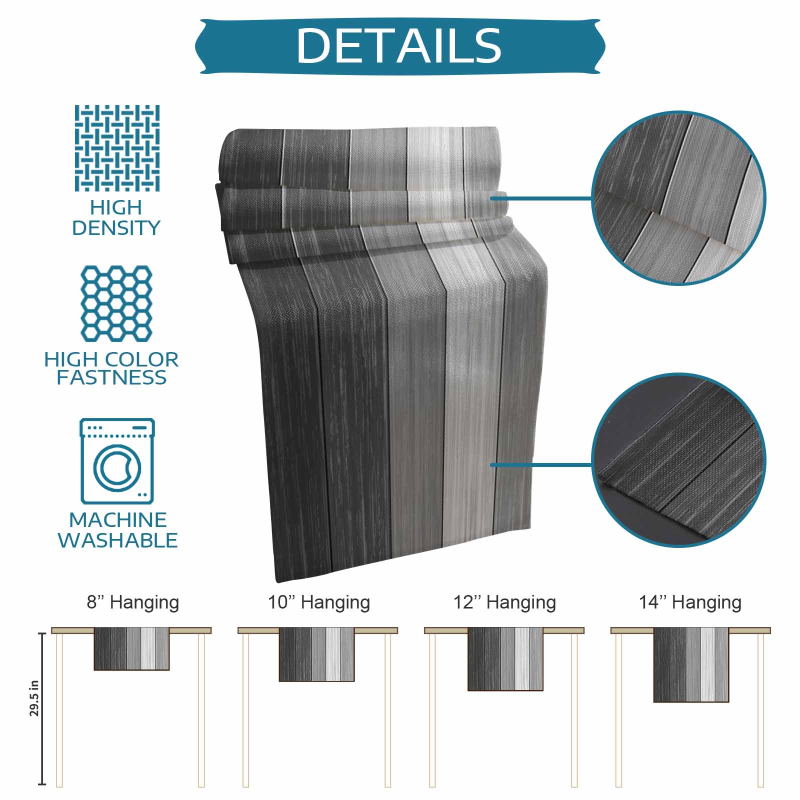 Grey Ombre Table Runner 72 Inches, Farmhouse Vintage Wooden Grain Texture Bed Runner Dresser Scarves Tabletop for Indoor Outdoor Parties/Ceremony/Banquet, 18" x 72"