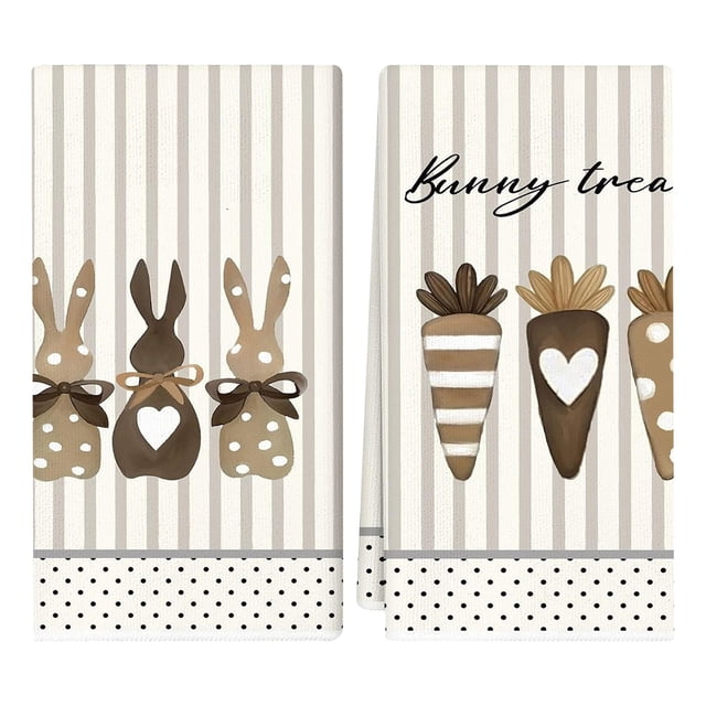 Kjfeif Happy Easter Kitchen Dish Towels Set of 2, Bunny Drying Hand Towels with Eggs and Baking Cooking Cloth In Sweet Stripes, Festive Kitchen Decoration and Practical Towel