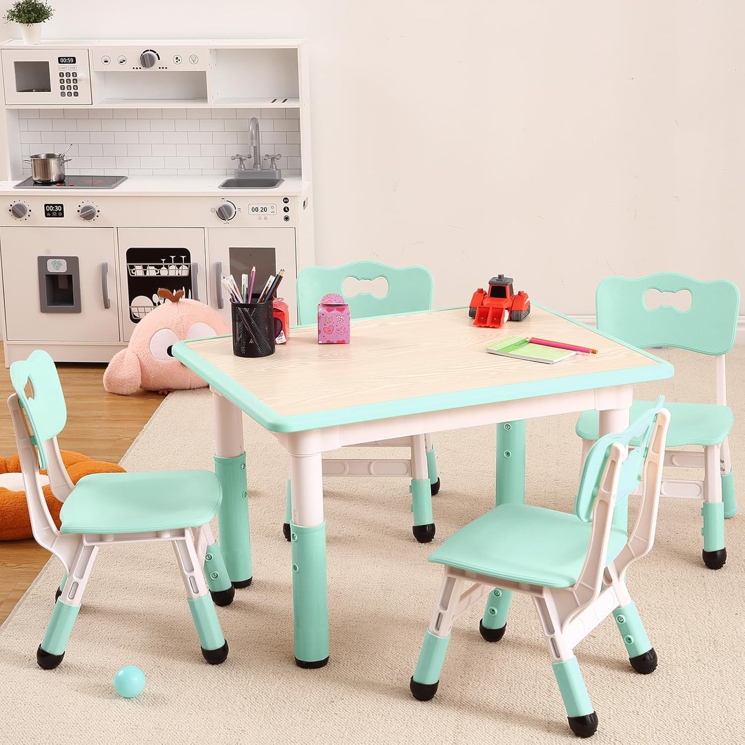 Twister.CK Kids Table and Chairs Set, Height Adjustable Toddler Table and 4 Chairs, Children Multi-Activity Table with Graffiti Desktop Non-Slip Legs for Ages 2-10, for Daycare, Home, Light Blue