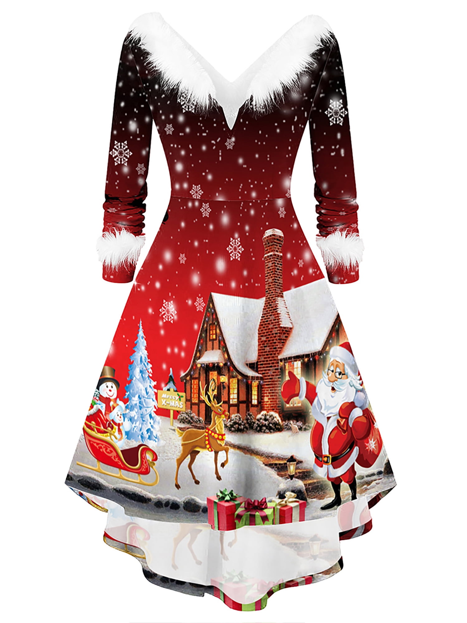 Santa Print Cocktail Dress for Women Fashion Elegant Retro Xmas Pleated Dress Lady 1950s Vintage Classy V Neck Full Sleeves Evening Party High Waist A Line Dresses Swing Christmas Flared Gown 