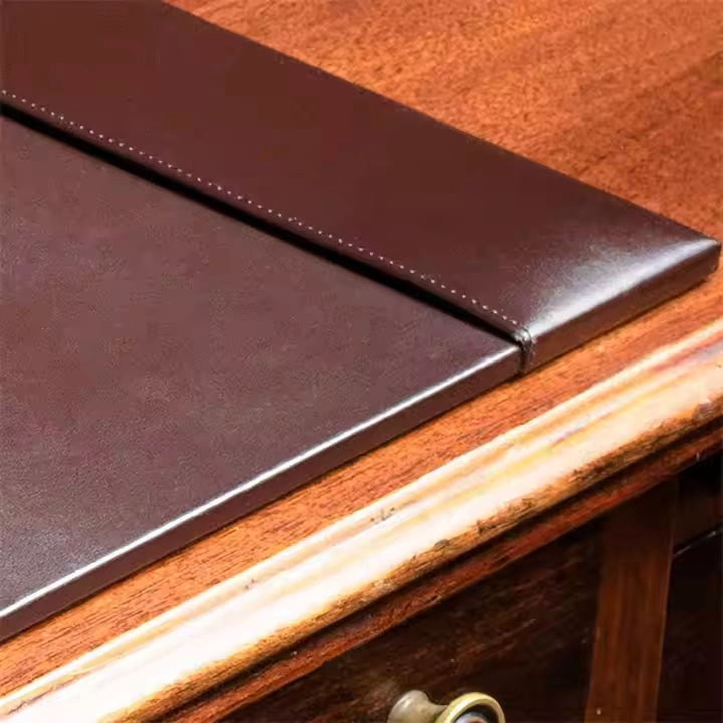 Office Leather Desk Mat – Premium Brown Desk Pad with Raised Edge Stitching, Professional Structured Writing Surface, and Non-Slip Base – Corporate Executive Desk Protector for VIPs – Silver Meadow