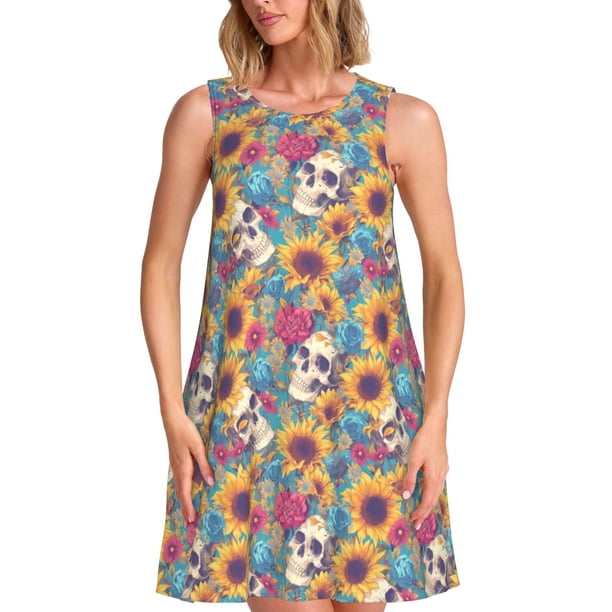 Disketp colorful Skull sunflower para Vestido sin Mangas para Mujeres, Vestidos de Verano para Mujeres, Casual y Holgado para la Playa