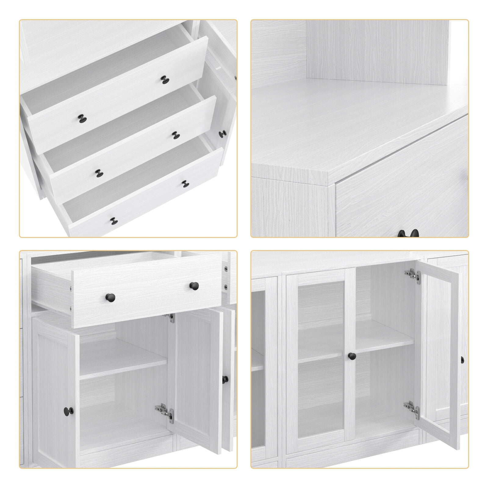 RichYa 4Pcs Kitchen Pantry Storage Cabinet Set,Modular Furniture Cabinets with Display Glass Doors,Hutch Buffet Cabinet with Drawers & Countertop for Dining Room,White