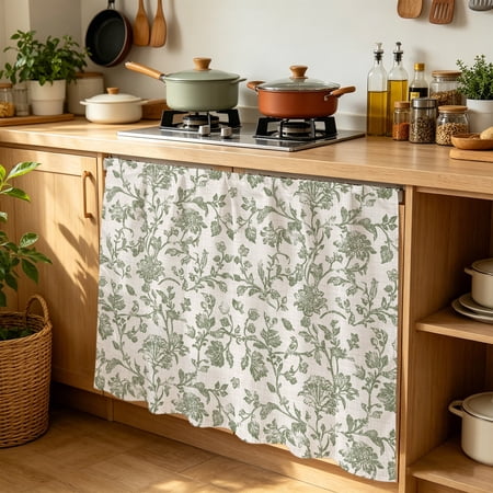 Cabinet Curtains 35 W x 35 L Spring Flowers Sink Skirt for Bathroom Kitchen Self Adhesive Farmhouse Sage Green Pastoral Floral Leaf Desk Privacy Short Curtain for Under Sink Classroom Closet