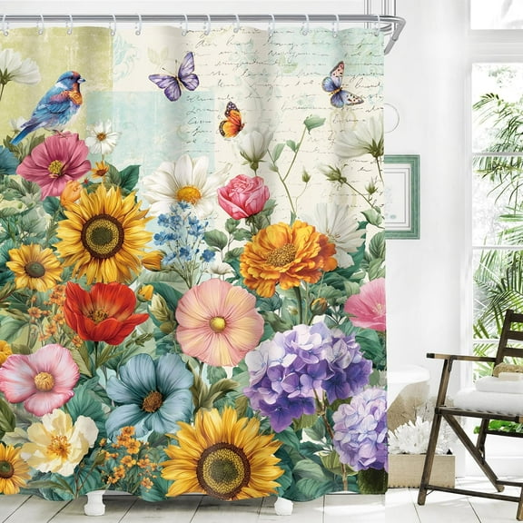 Vintage Colorful Floral Shower Curtain Wildflower Spring Flower Retro Blossom Farmhouse Plant Leaves Artwork Cloth Fabric Waterproof Polyester Bathroom Decor Set with Hook-72"W x 72"L (Pack of 1)